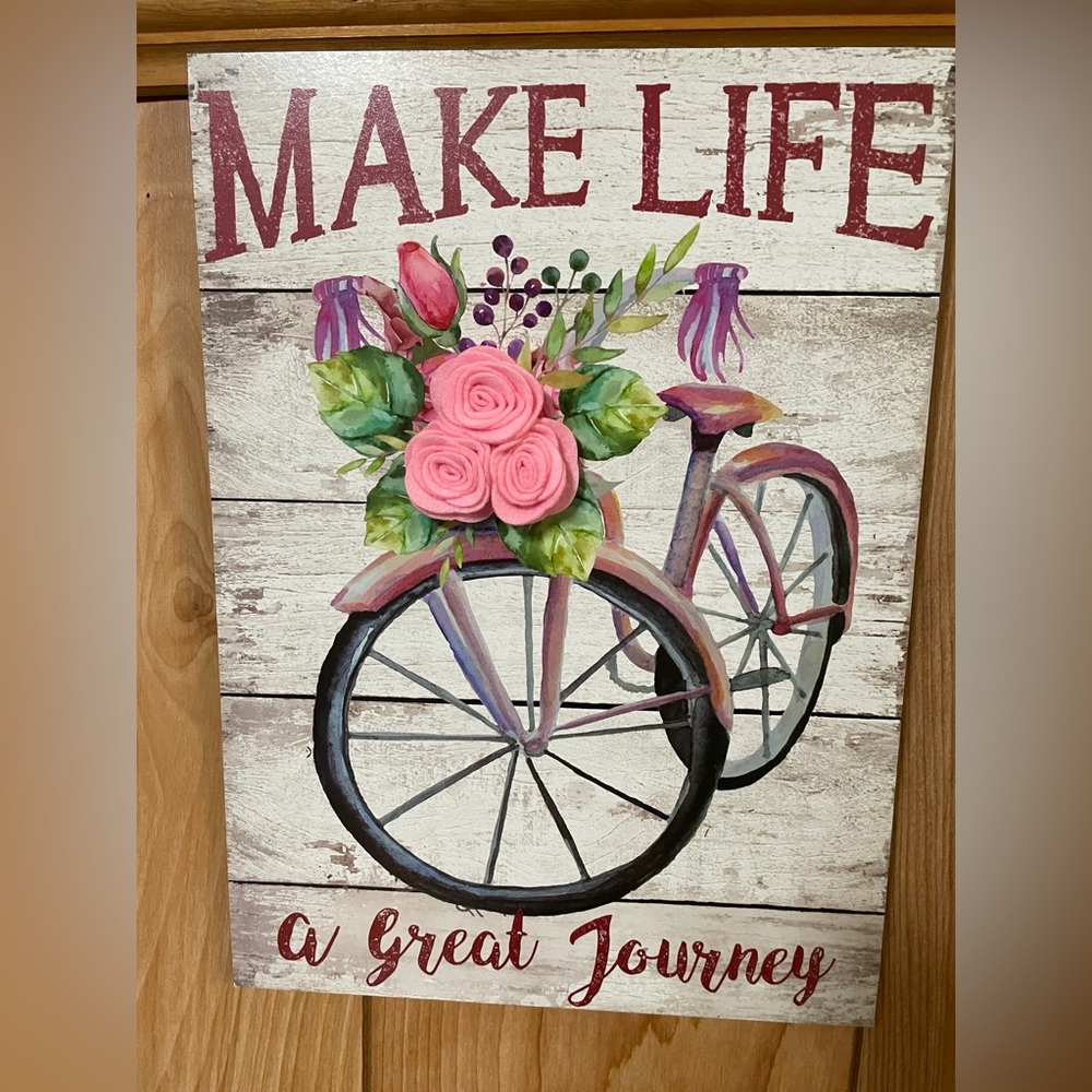 Make Life a Great Journey bike painting by Hanna’s Handiworks w/ pink felt roses - Picture 3 of 9